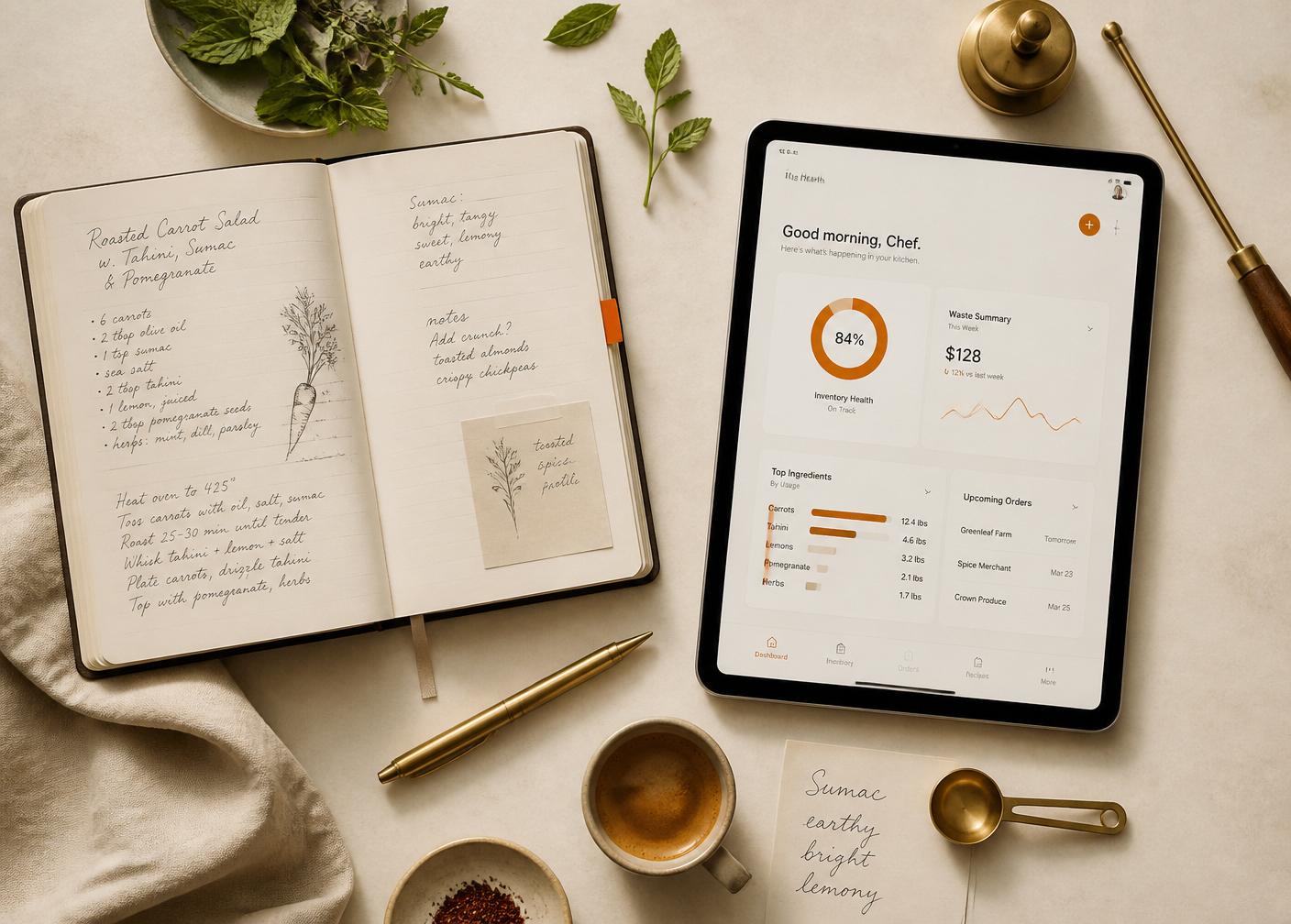Chef's recipe notebook beside a tablet running a kitchen dashboard