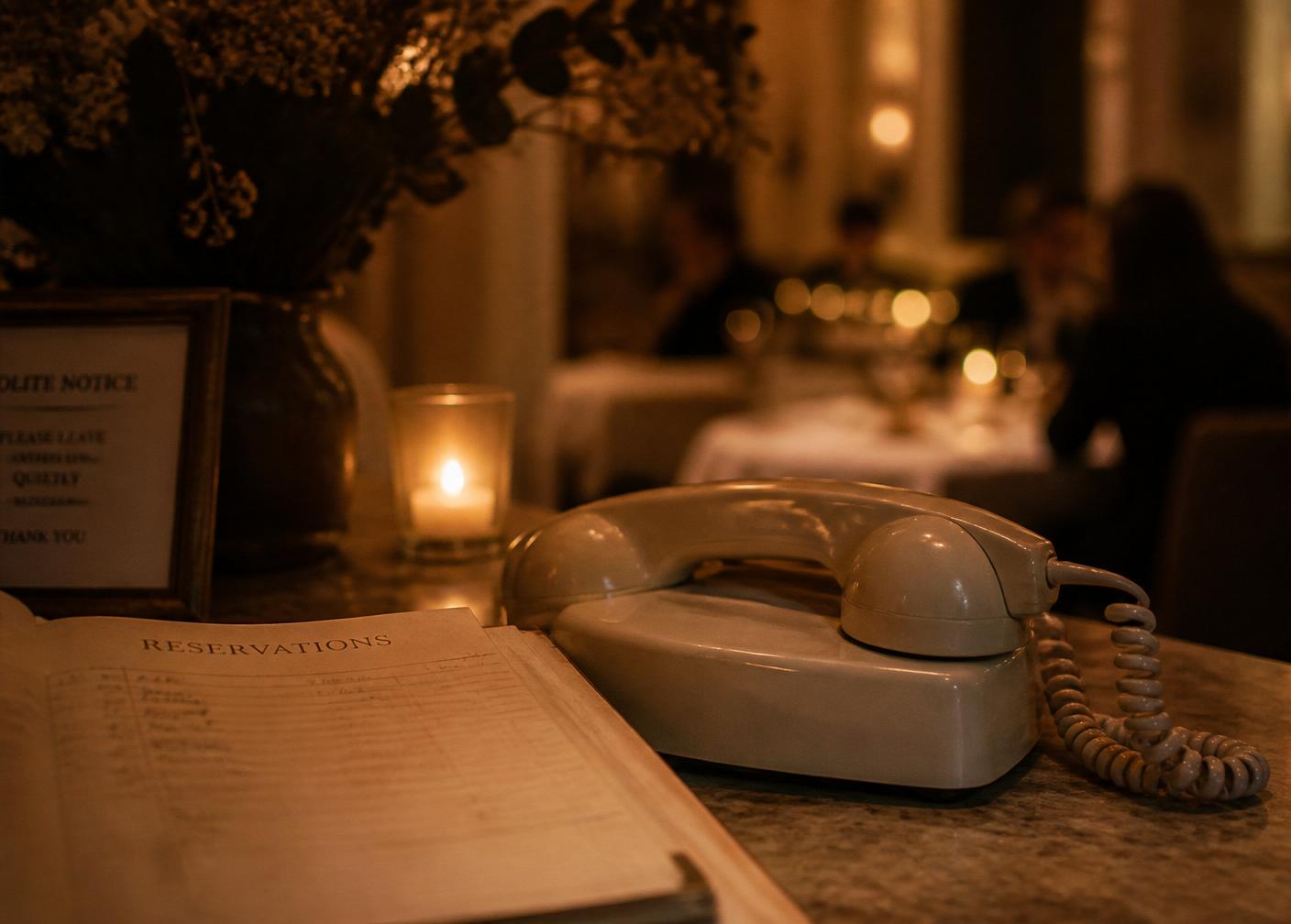 Reservation book and phone at a candlelit restaurant